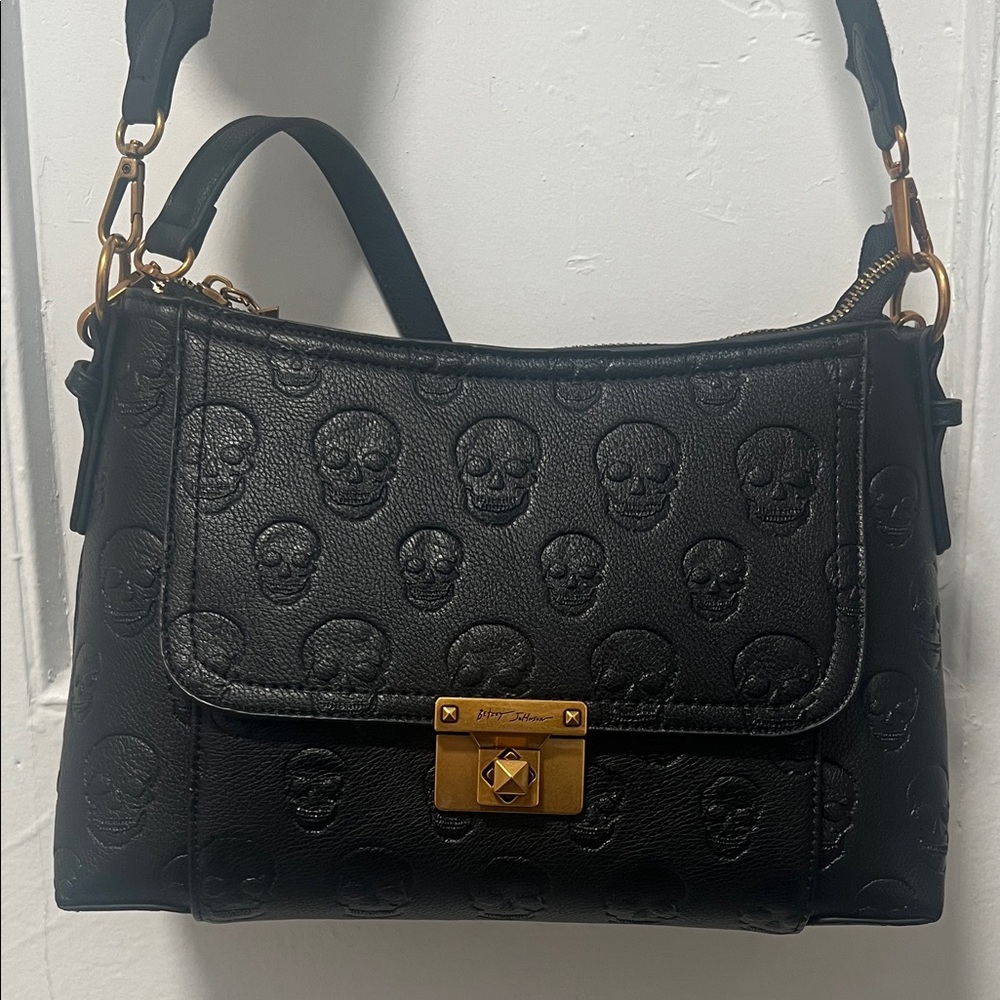 Betsey Johnson Black Embossed Skull Shoulder Bag with Gold Hardware